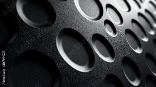 This is a close-up shot of a matte black textured surface, arranged with evenly spaced recessed oval/round concave elements, creating a distinct 3D perforated geometric texture with soft highlights 