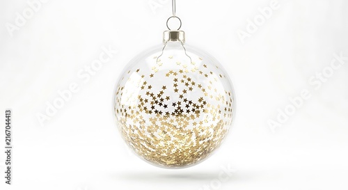 Glass Christmas bauble with gold star confetti on white background for holiday.