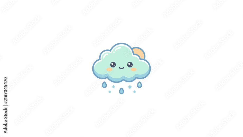 Obraz premium Sad kawaii cloud with falling raindrops.