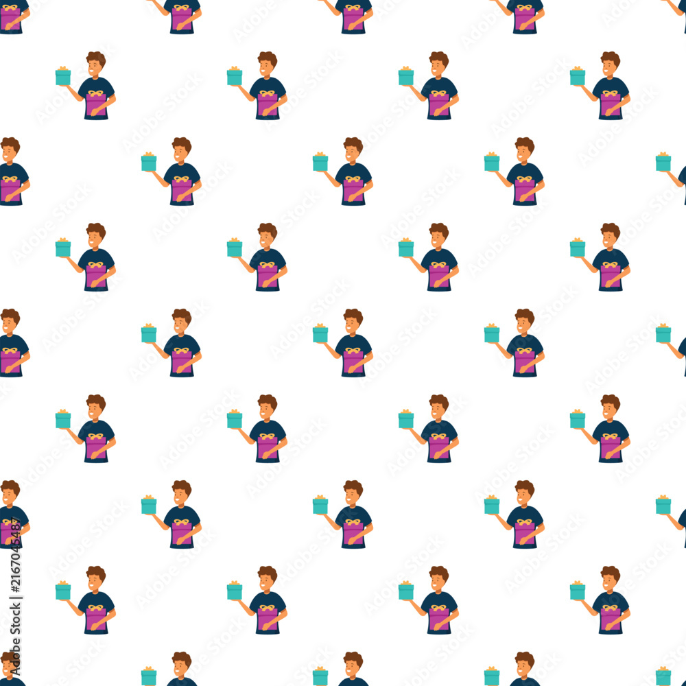 Fototapeta premium Smiling man finding a surprise inside an open present, creating a seamless holiday pattern