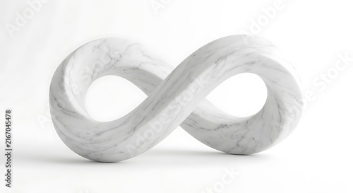 Marble infinity symbol sculpture rests on a white studio background.