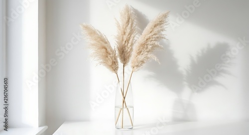 pampas grass in vase minimal interior décor background with soft sunlight shadows.