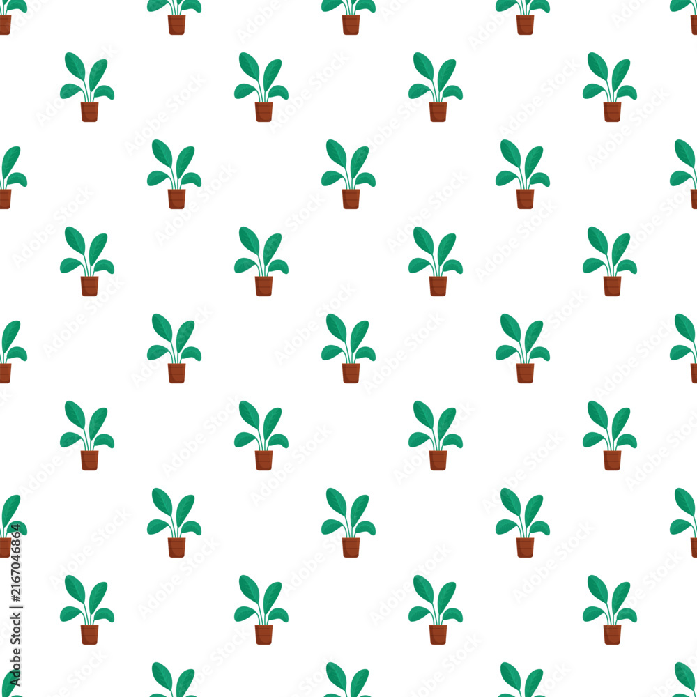 Fototapeta premium Green plant in a brown pot forming a seamless tropical illustration pattern