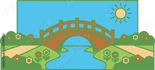 Bridge Landscape Illustration with a Sunny Sky and Green Foliage