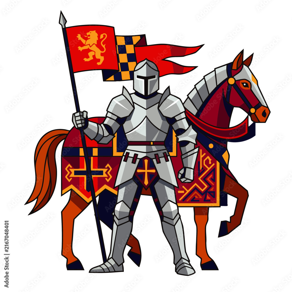 Obraz premium Brave medieval knight with polished steel armor standing beside a decorated warhorse holding a red heraldic flag, concept for historic chivalry, suitable for gaming graphics and book illustrations