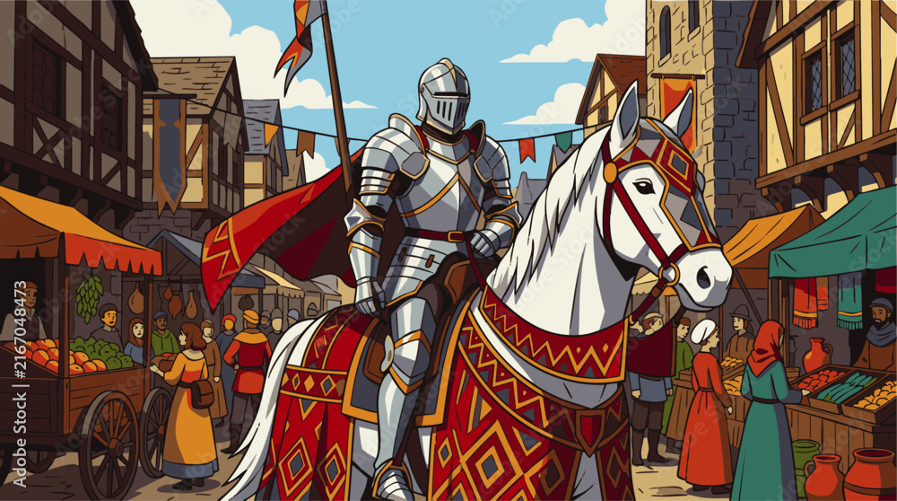 Fototapeta premium Brave medieval knight on a white horse riding through a bustling village marketplace with timber houses, concept for historical chivalry and heroism, ideal for fantasy book covers and gaming.