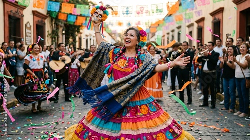 Joyful woman in traditional Mexican dress dancing at street festival holding calavera mask, celebrating Hispanic Heritage Month with mariachi band and confetti.