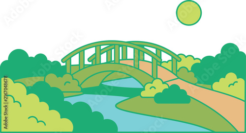 Bridge Illustration Over a River with Green Foliage and a Bright Sun