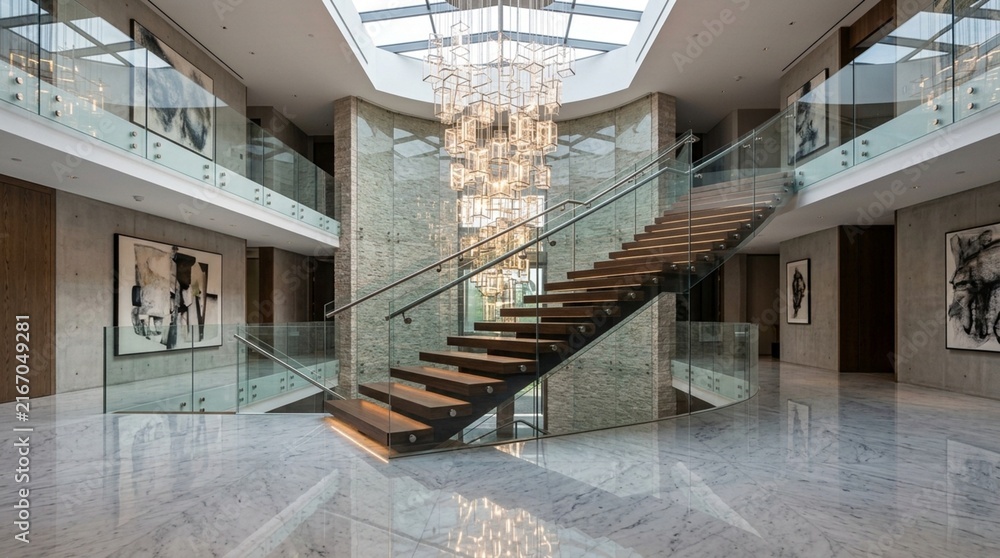 Fototapeta premium Luxurious Modern Interior Hallway with Floating Staircase and Chandelier