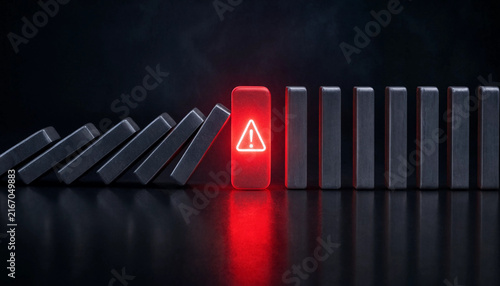 Glowing red block with warning sign stopping the falling domino effect representing risk mitigation and business continuity