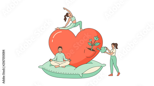 Heart Wellness Yoga Lunge Pose Flat Vector Illustration