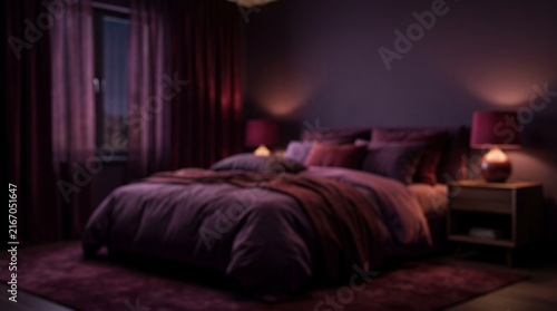 Luxurious purple bedroom interior with soft lighting creating a cozy and romantic evening ambiance