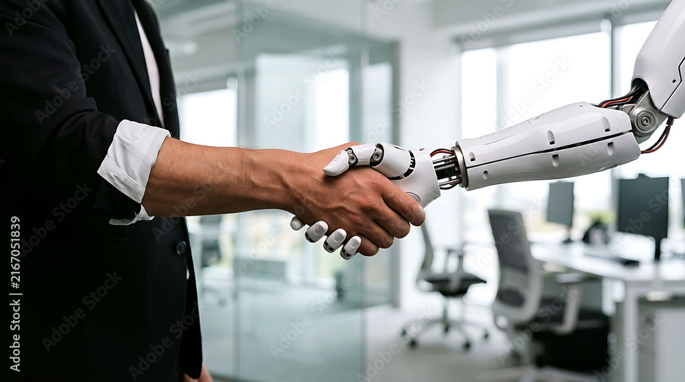 Naklejka premium Human hand shaking robot hand concept of artificial intelligence collaboration