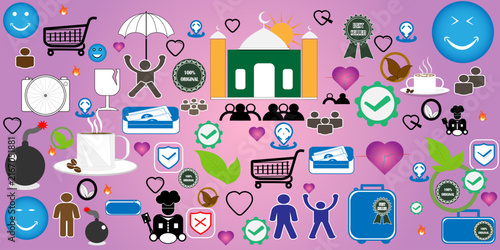 Vector icon set with landscape background. Suitable for advertising, web, banners, branding, backgrounds, banners and presentation displays.