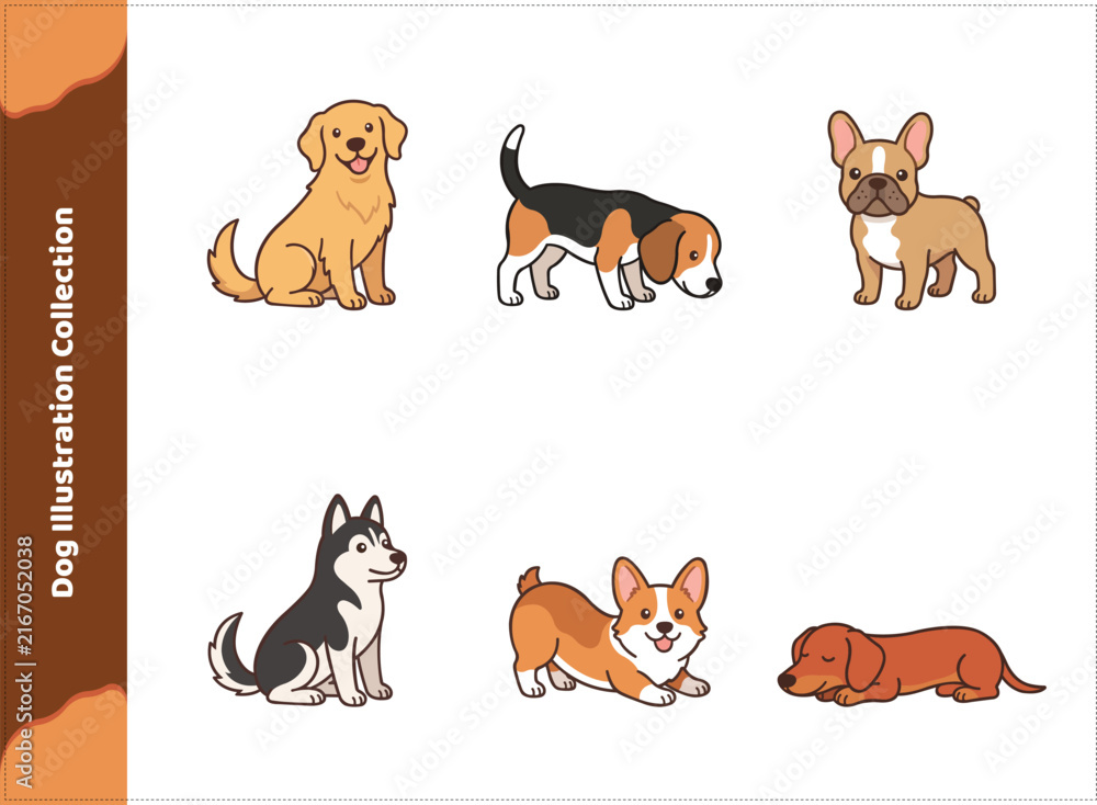 Obraz premium A delightful collection of six various dog breeds illustration showcasing different poses and expressions