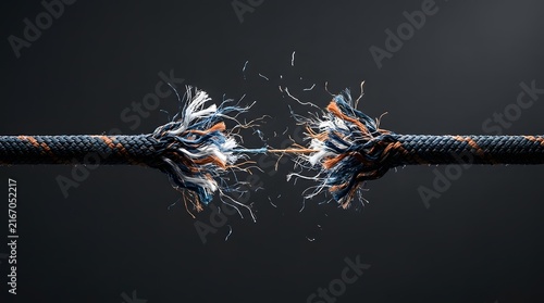 Frayed braided rope snapping under intense tension on dark background representing stress burnout breaking point and psychological pressure concepts