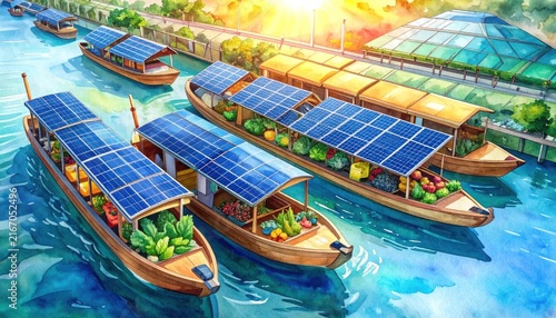 Solar powered boats on water with produce.