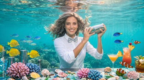 Smiling female bartender shaking a cocktail shaker in an underwater bar surrounded by tropical fish