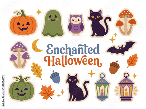 Cute Enchanted Halloween Sticker Pack Design with Spooky Cats Pumpkins Ghost and Bat Illustrations on White Background