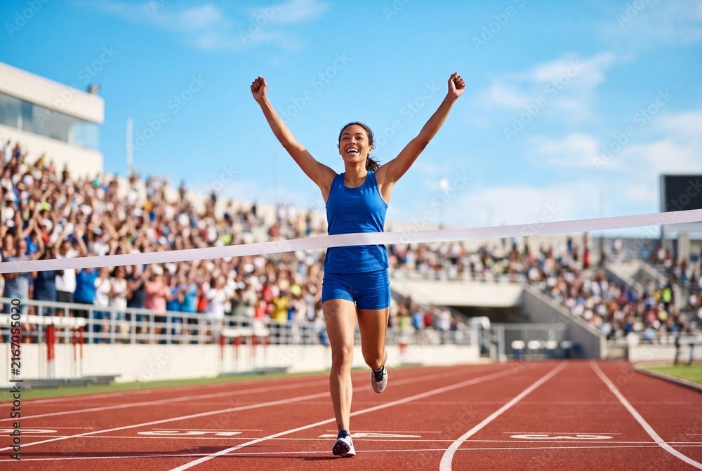 Fototapeta premium Female Runner Crossing Finish Line During Athletic Sprint Race Competition
