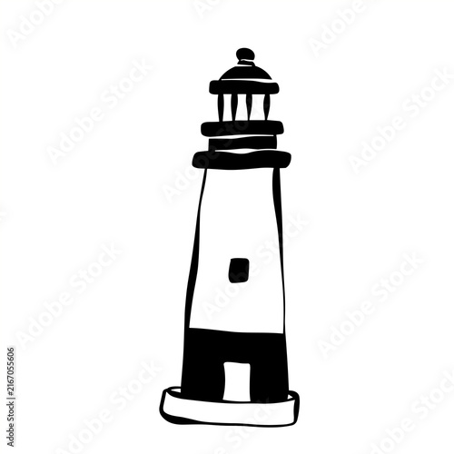 Vector illustration of lighthouse hand drawn summer vacation beach elements in black line art on white background