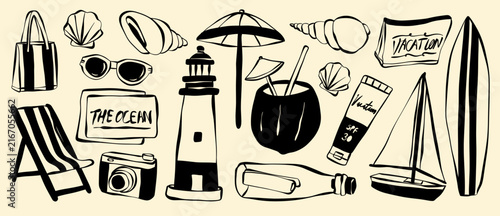 Vector illustration set of hand drawn summer vacation beach elements in black line art isolated on white background. Doodle collection of seashell, lighthouse, surfboard, sailboat, camera, umbrella