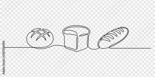 Continuous single line drawing of three different types of fresh bread loaf and buns for bakery shop logo or menu design illustration