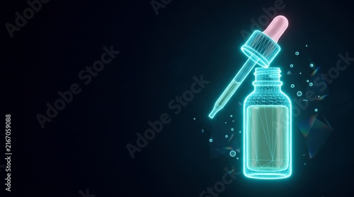 Futuristic neon dropper bottle, glowing blue glass vial with pipette, digital serum bottle for skincare and medical technology