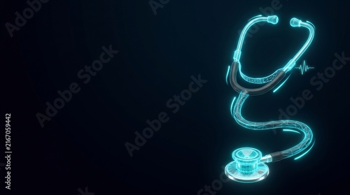 Futuristic digital stethoscope with neon blue glow, medical technology hologram on dark background, healthcare innovation concept