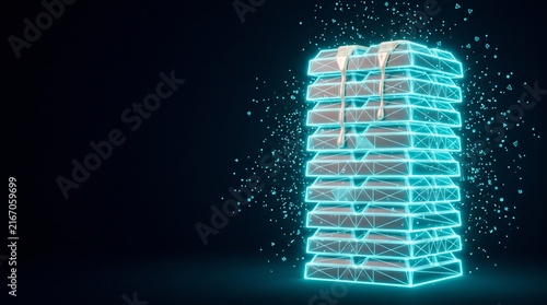 Futuristic glowing gold bars in neon blue wireframe, digital currency and fintech concept, 3d render of stacked bullion