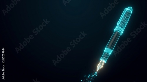 Futuristic digital fountain pen with glowing blue wireframe, high-tech electronic stylus for smart writing, holographic ink pen on dark background