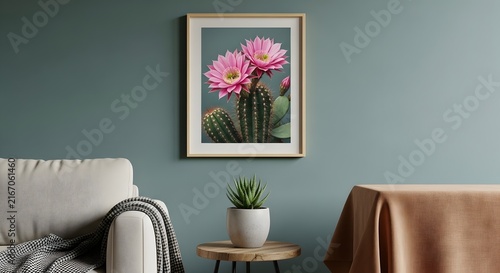 Cozy living room with framed floral art on wall. Modern home decor featuring vibrant pink flowers in stylish interior setting.