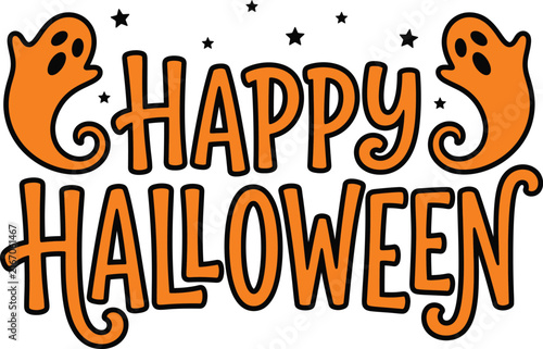Playful Happy Halloween Lettering Vector Design With Floating Ghosts And Stars