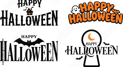 Happy Halloween Typography Vector Bundle Set Featuring Haunted House Bat Keyhole And Ghost