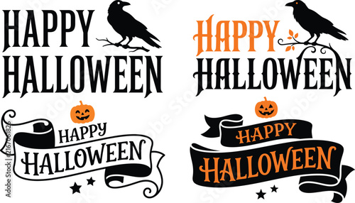 Spooky Happy Halloween Typography Vector Bundle Set With Raven Crow Ribbon And Pumpkin