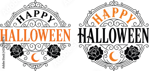 Elegant Vintage Happy Halloween Typography Vector Label Set With Filigree Roses And Moon
