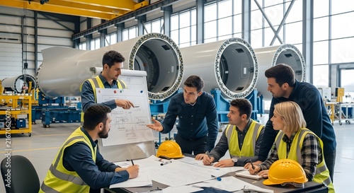 Diverse engineers reviewing blueprints in modern industrial workshop. Team of professionals analyzing technical plans for automotive manufacturing...