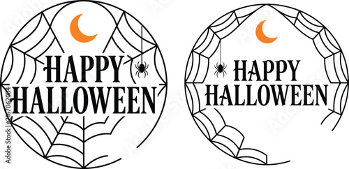 Round Spider Web Happy Halloween Typography Vector Badge Set With Hanging Spider And Moon