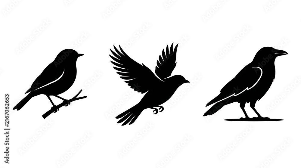 Fototapeta premium Black bird silhouettes set, flying and perched raven icons, 3 minimalist crow illustrations on white background