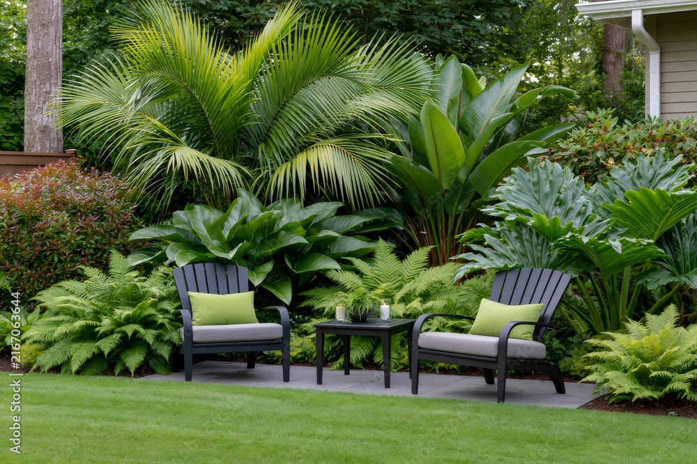 Fototapeta premium Backyard patio creating tropical garden oasis relaxation