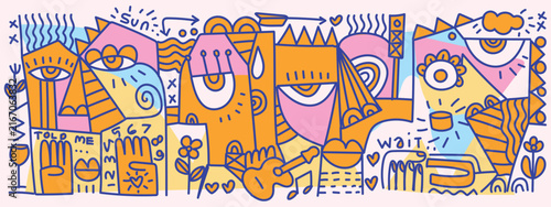Abstract colorful doodle face portrait, geometric. cubism, patterns in a playful hand-drawn illustration.  Contemporary artwork line art, creative shapes, and whimsical elements for wall art, print.