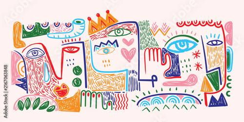 Abstract colorful doodle face portrait, geometric. cubism, patterns in a playful hand-drawn illustration.  Contemporary artwork line art, creative shapes, and whimsical elements for wall art, print.