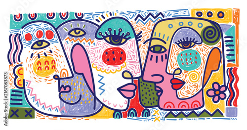Abstract colorful doodle face portrait, geometric. cubism, patterns in a playful hand-drawn illustration.  Contemporary artwork line art, creative shapes, and whimsical elements for wall art, print.