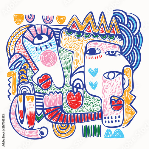 Abstract colorful doodle face portrait, geometric. cubism, patterns in a playful hand-drawn illustration.  Contemporary artwork line art, creative shapes, and whimsical elements for wall art, print.
