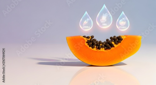 Fresh papaya half with dripping water droplets. Tropical fruit slice showcasing hydration and juicy texture for healthy lifestyle.