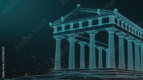 Digital wireframe rendering of the Parthenon in Athens. Glowing blue lines create a technological architectural structure on a dark background with light particles.