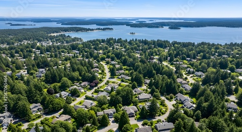 Aerial view of coastal forest and lake landscape. Drone shot of lush green peninsula with waterfront properties and summer nature scenery.