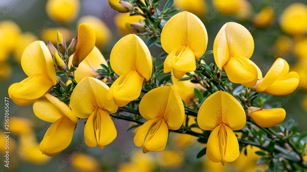 Fototapeta premium Yellow gorse flowers blooming on a green branch
