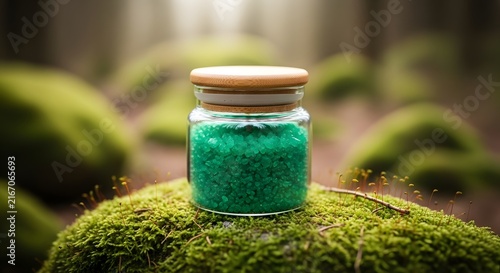 Small glass jar of green bath salts on mossy surface. Natural spa product container with mineral crystals for relaxation and skincare.