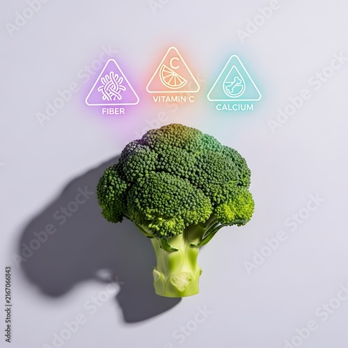 Fresh green broccoli with health and nutrition icons. Superfood vegetable symbolizing wellness and balanced diet.